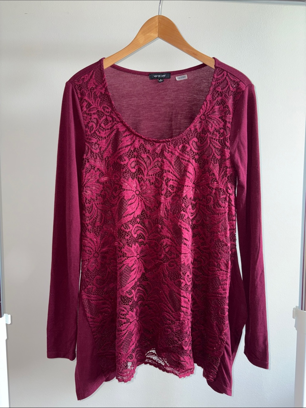 Burgundy Lace-Front Long Sleeve Scoop Neck Top